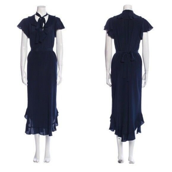Zimmermann Dresses & Skirts - NEW Zimmermann Sz 0 | US 4 Flounce Neck 100% Silk Maxi Dress Navy Blue